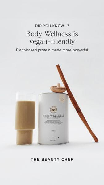 A clean, high-contrast ad featuring a container of protein powder, a glass of the prepared drink, and raw ingredients to emphasize product quality.
